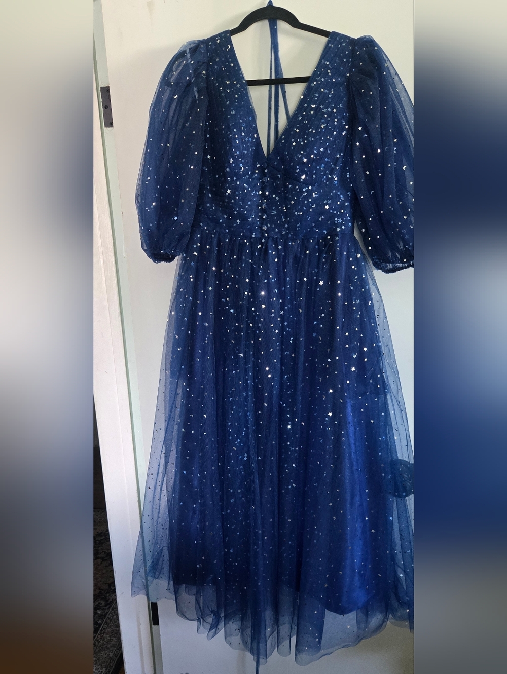 Elegant Navy Blue Night Sky Silver Sparkle Star Tulle Gown  Size 12